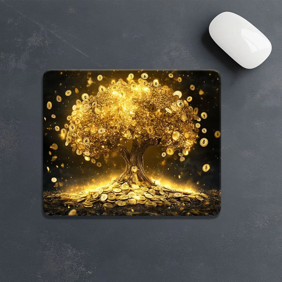 

Wealth Tree mousepad with a gold coin pattern anti-slip surface is suitable for office gaming use and can be washed with water