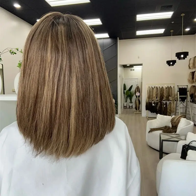 شعر مستعار قصير مستقيم بدون صمغ أومبير أشقر بني تسليط الضوء على شعر مستعار صناعي بدانتيل أمامي مقاوم للحرارة شعر مستعار عالي الكثافة يوميًا #5