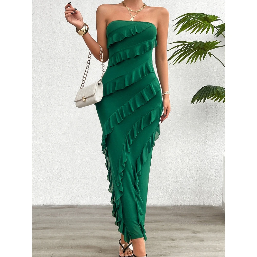 Mulheres bandeau em camadas babados maxi vestido de verão femme fino ajuste volta fenda sem alças elegante bodycon vestidos festa wear