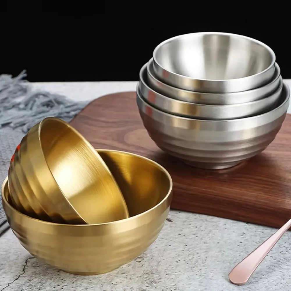 304 Stainless Steel Double Layer Insulated Bowls Threaded Design Round Shape Ramen Serving Bowls Kitchen Accessories