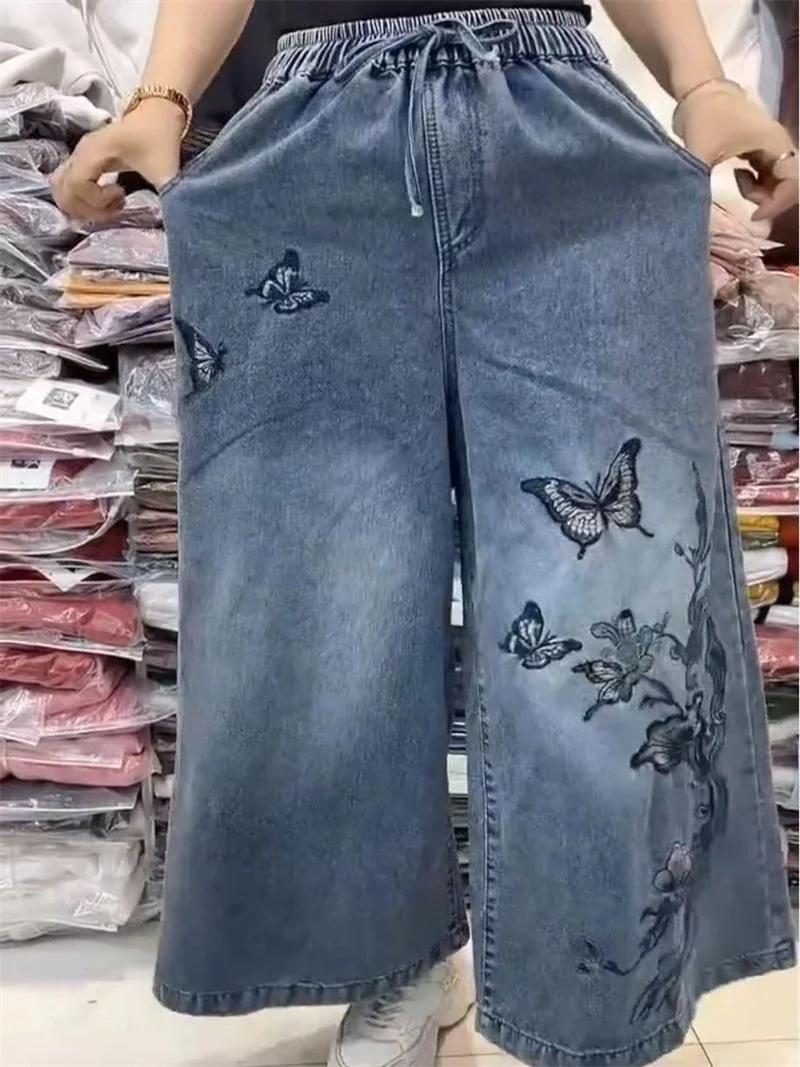 2025年ニューレトロアート中華風重工業刺繍入りカウボーイワイドレッグパンツ（伸縮性9％）女性用