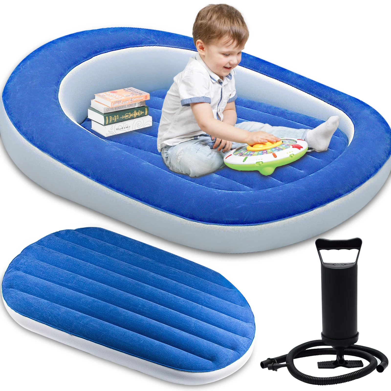 

Outdoor inflatable bed Children Kid Lounger Pillow Nesting Safe Bumper high speed Pump Foldable Portable for kid upto 3-year-old