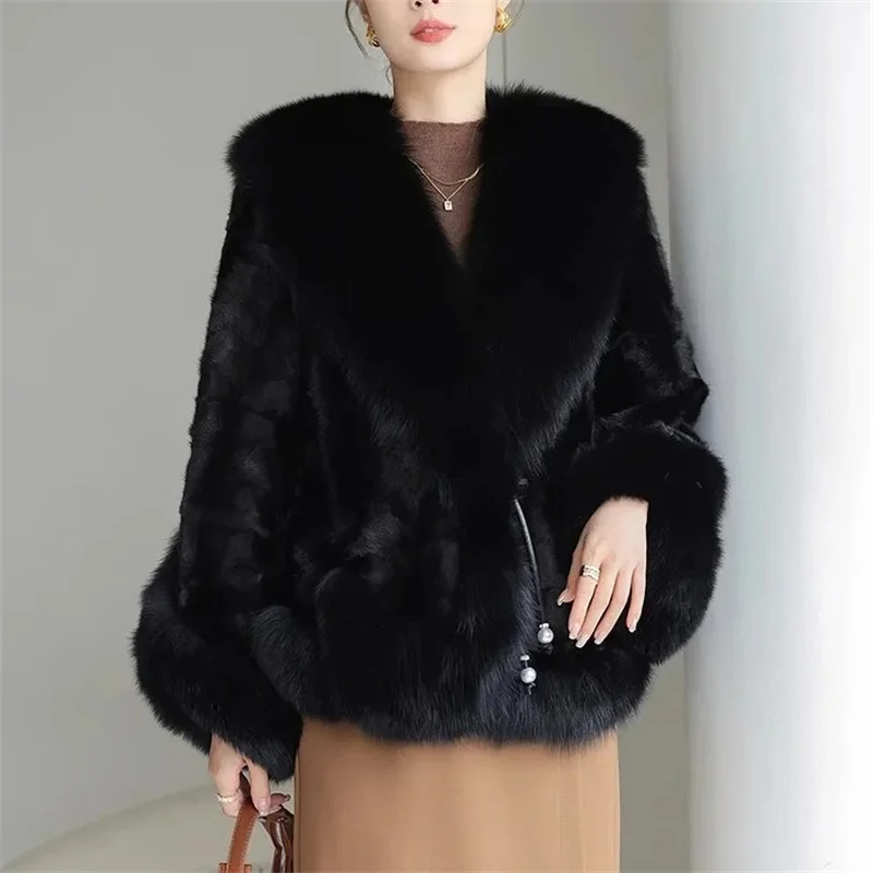 Women Faux Fur Coat Mink Fur Short Jacket Streetwear Fox Fur Collar Black Fur Outerwear Female Fashion Fur Jackets Autumn Winter