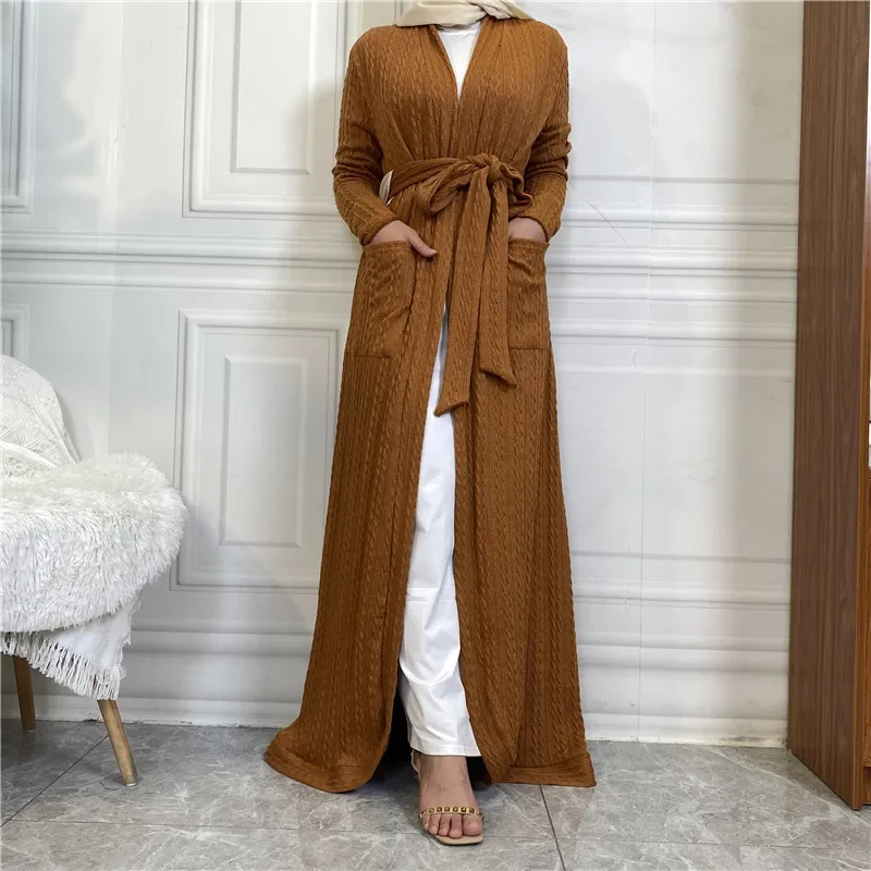 Ramadan Eid Sweater Coat Women Casual Abaya Kaftan Muslim Islamic Robe Arabic Kimono Femme Gown Winter Knitted Cardigan Clothes