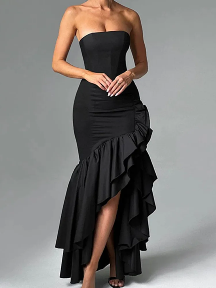 

SKMY Summer New Solid Color Elegant Strapless Ruffles Patchwork Split Fashion Slim Fit Backless Wrap Hip Dress Clothes For Women
