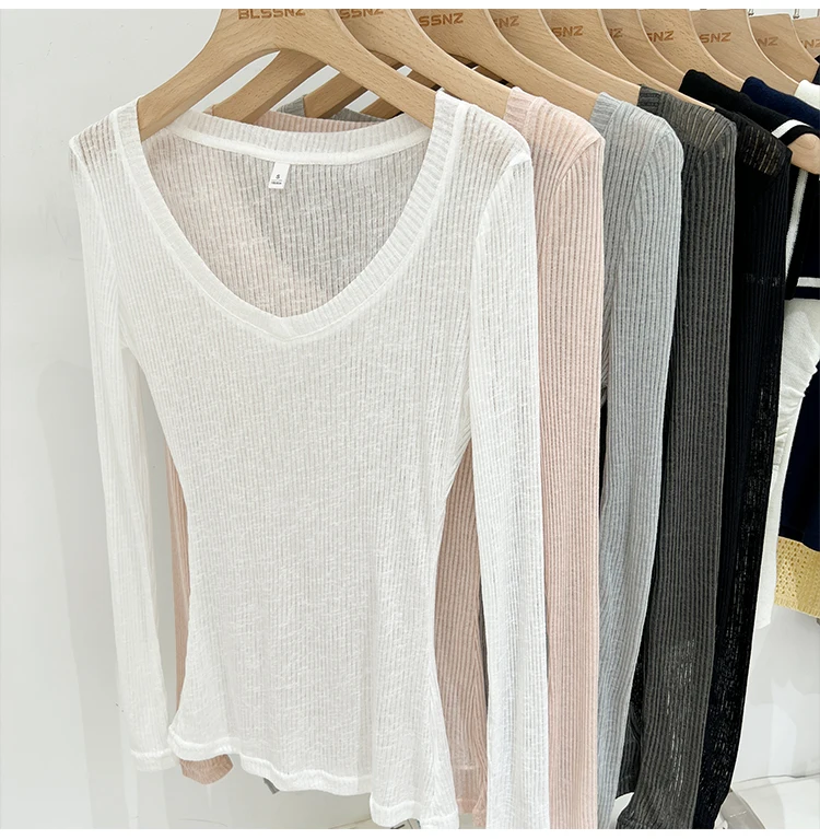 2026 Sommer Neuer Lässiger Stil Transparentes Dünnes Durchsichtiges Überzug-Top Damen T-Shirt V-Ausschnitt Sonnenschutz Langarm T-Shirt – Detail 7