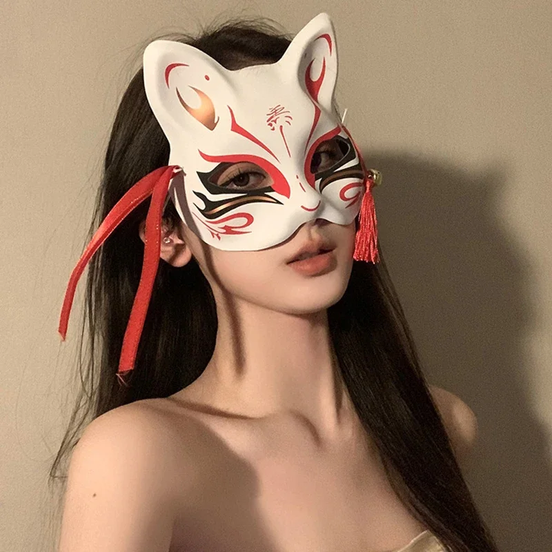 

Японская маска на половину лица, ручная роспись, маска кошки, лисы, аниме, убийца демонов, маскарад, фестиваль Хэллоуина, реквизит для косплея, новогодние подарки