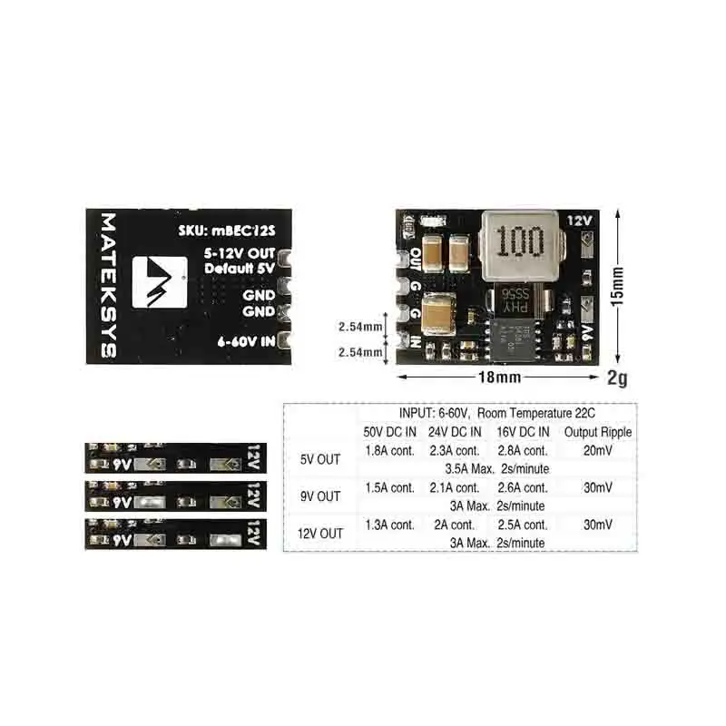 MATEK MICRO BEC 6-60V a 5V/9V/12V-ADJ 18*15mm para RC modelo avión helicóptero FPV Racing Drones piezas de bricolaje