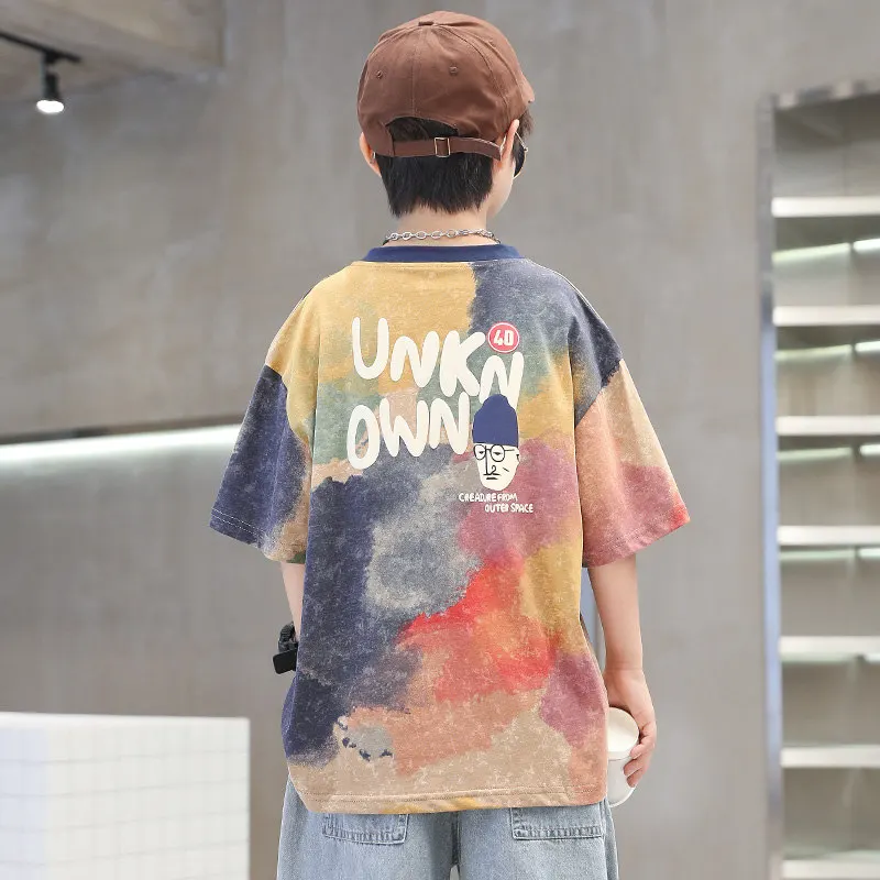 Summer Tie-Dye Cool Kids Boy Casual Tops Print Trendy Children's T-shirt Short Sleeve Teenager Tees Cotton Tshirt 4-14 Years Old 4