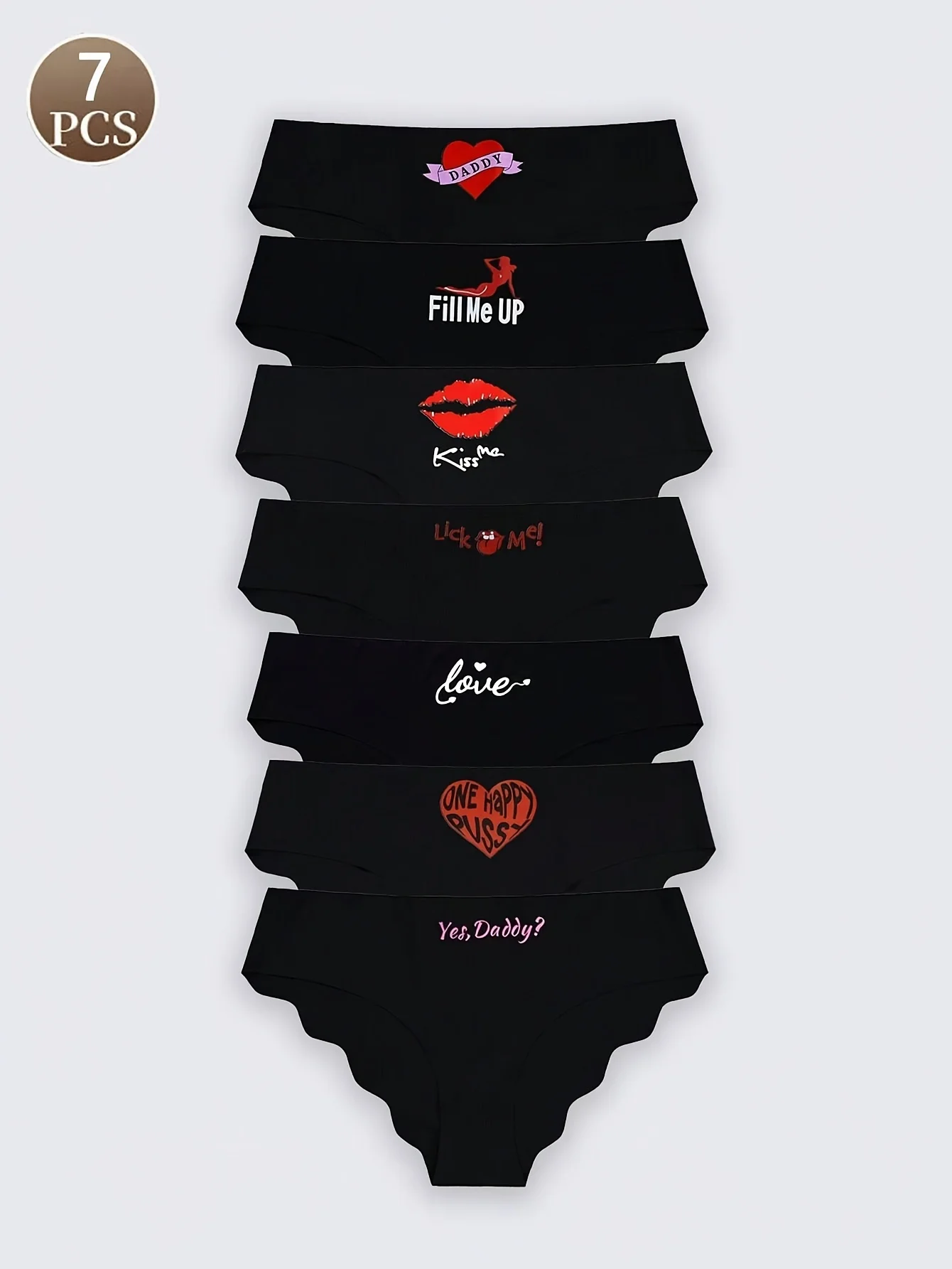 7PCS Black women's panties fashionable heart letter V-shaped sports and fitness triangle briefs mid waist girls' breathable unde
