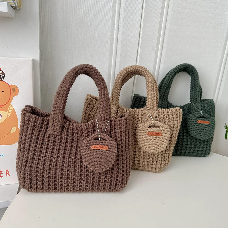 Woven Bag Solid Color Handmade Crochet Bag Cute Woolen Handbag Autumn and Winter Wear Mobile Phone Bag