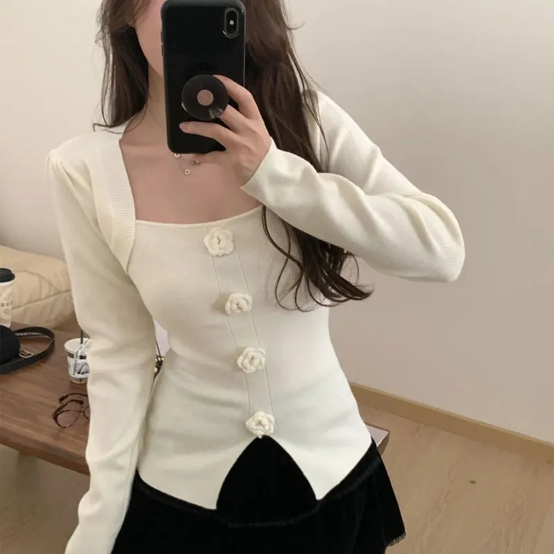 Elegant Square Collar Pullovers Spring Autumn Stylish Floral Three-dimensional Female Clothing Basic Slim Short Knitted T-shirt