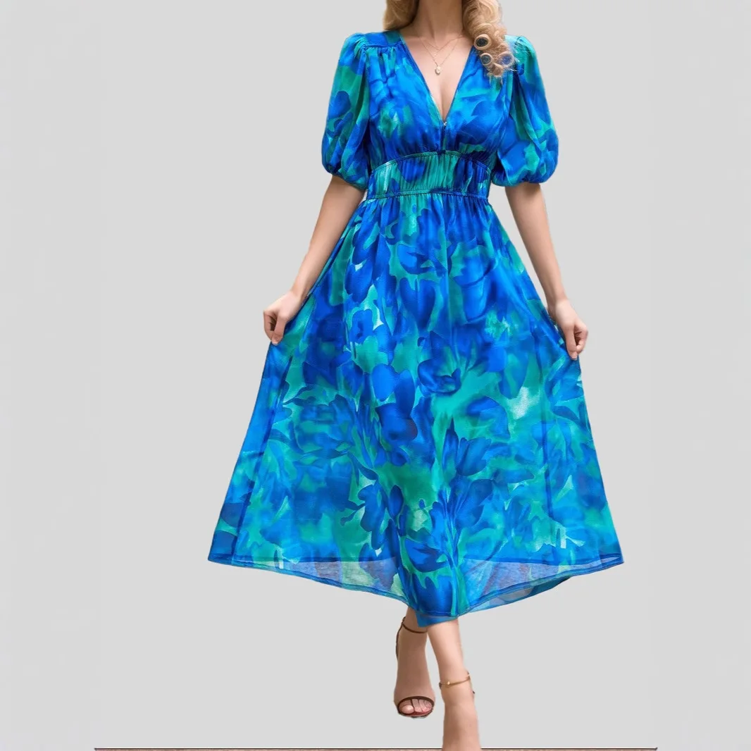

2025 Summer Women's V-neck High Waist Dress Princess Sleeves Flower Print Vacation Fashion Date Sweet Party Midi Skirt