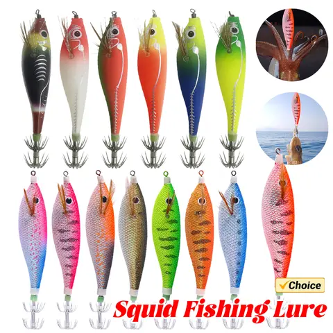 Glowing Horizontal Squid Trolling Lure Artificial Squid Jigging Eging Wood Shrimp Hooks Octopus Hook Cuttlefish Bait for Fishing