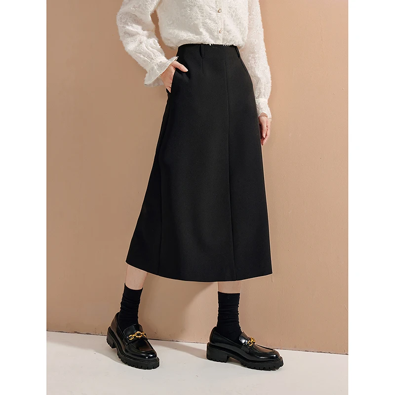 INMAN 2024 Autumn winter Commuter slit women's skirts temperament all-match high waist A-line skirt