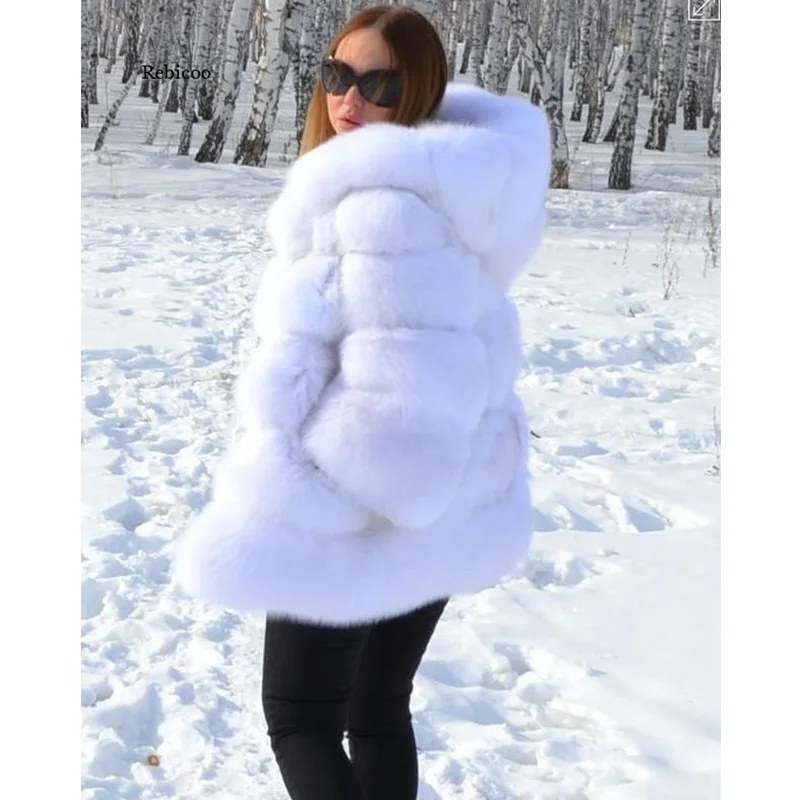 Faux Fur Faux Fox Fur Hooded Women's Mid-Long Long Sleeve Cardigan Coat Fur Collar