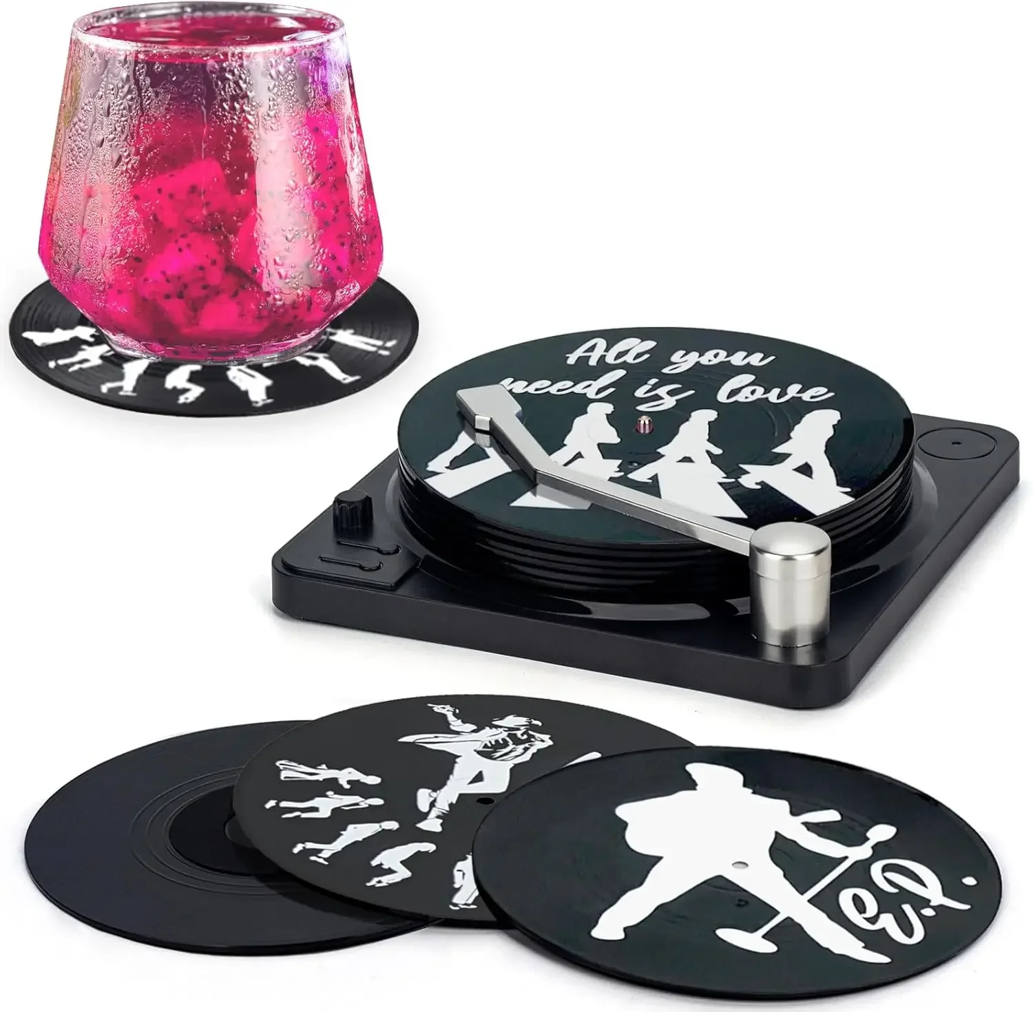 Retro Vinyl Record Coasters with Player, 6 Pcs Music Coasters for Drinks, Bars, Cool Apartment Decor and Funny Housewarming Gift