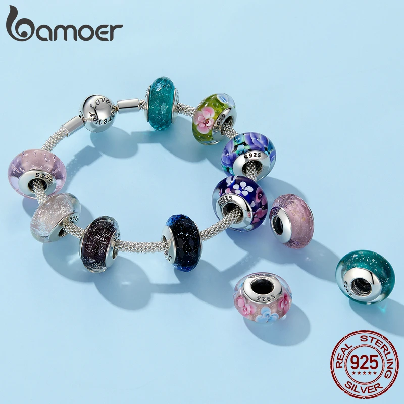 BAMOER 925 Sterling Silver Lovely Pink Flower European Murano Glass Charm Beads for DIY Charm Bracelets Christmas Gifts SCZ001