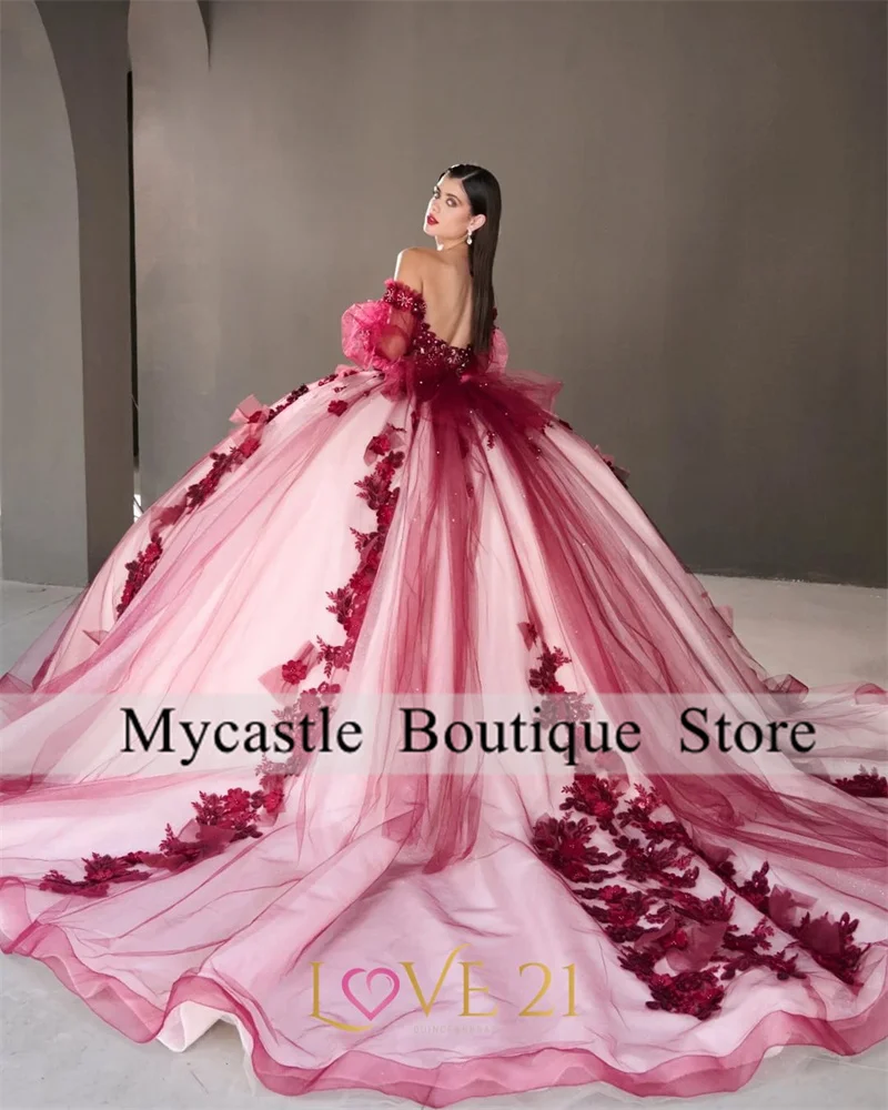 تول أحمر لامعة فساتين Quinceanera قبالة الكتف الكرة ثوب الحلو 16 فستان الديكور زين الدانتيل فستان حفلة عيد ميلاد مخصص