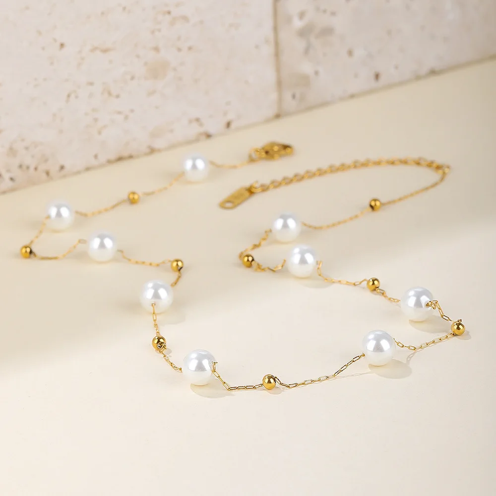 French-style ultra-glamorous fashionable bright light effect pearl gold bead necklace, short style stainless steel collar ch