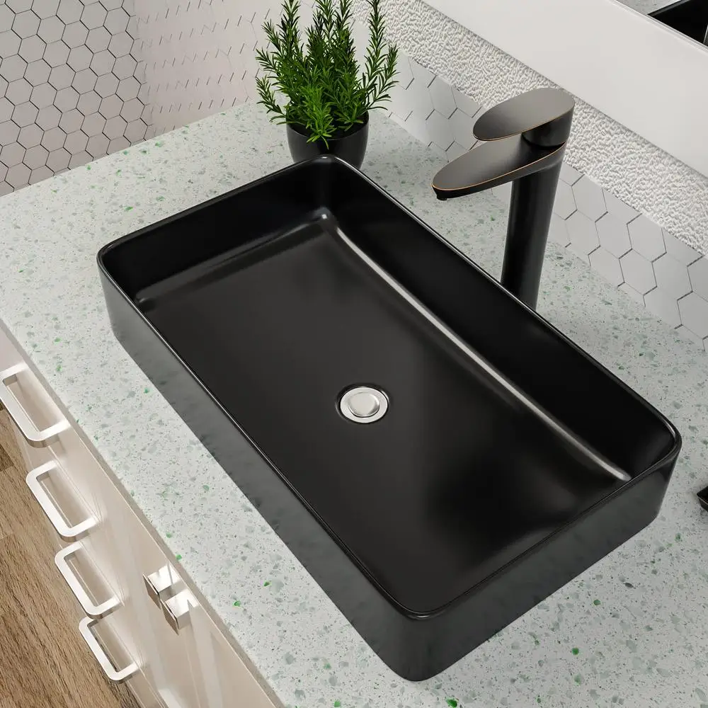 Rectangular Ceramic Bathroom Vessel Sink 24x14 Matte Black Above Counter Installation Vanity Lavatory Durable Easy to Clean