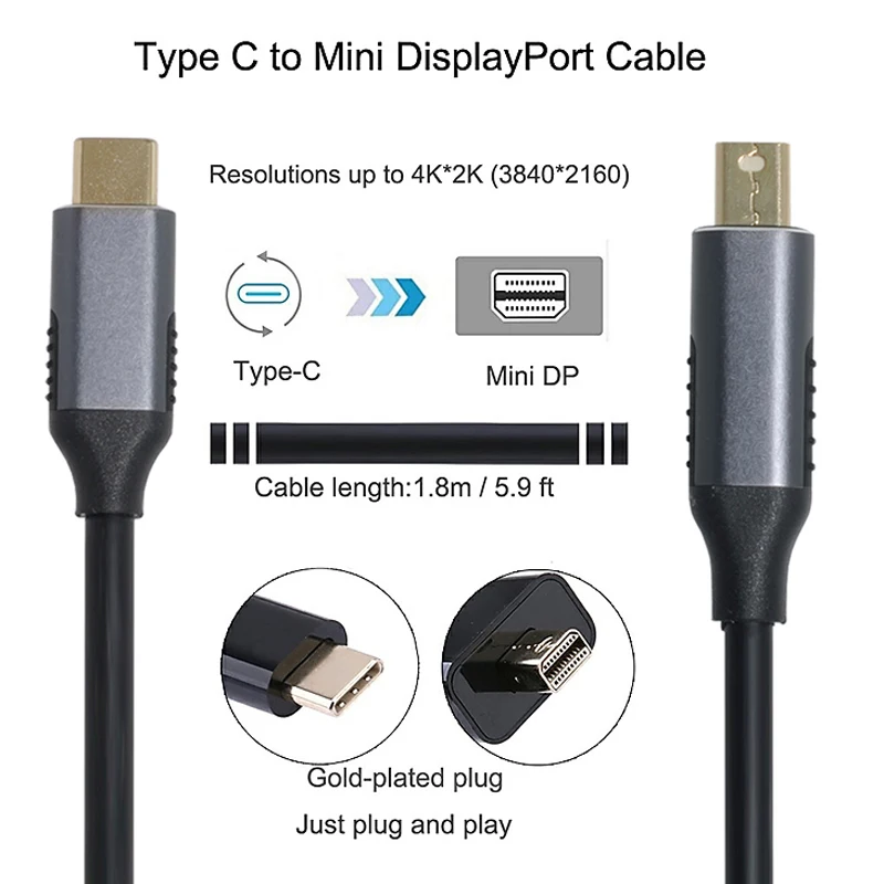 Xiwai USB 3.1 Type C USB-C Source to Mini DisplayPort DP Displays Male 4K Monitor Cable for Laptop 1.8m