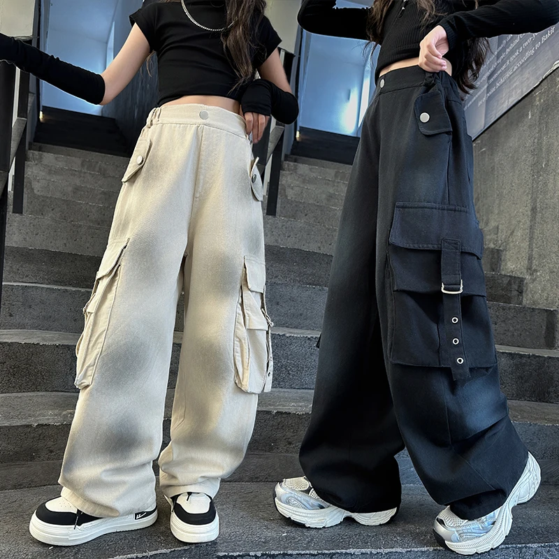 2025 New Autumn Children's Pure Cotton Spray White Work Pants Winter Boys' Wide Leg Pants Spring Girls' Campus Sports Pants