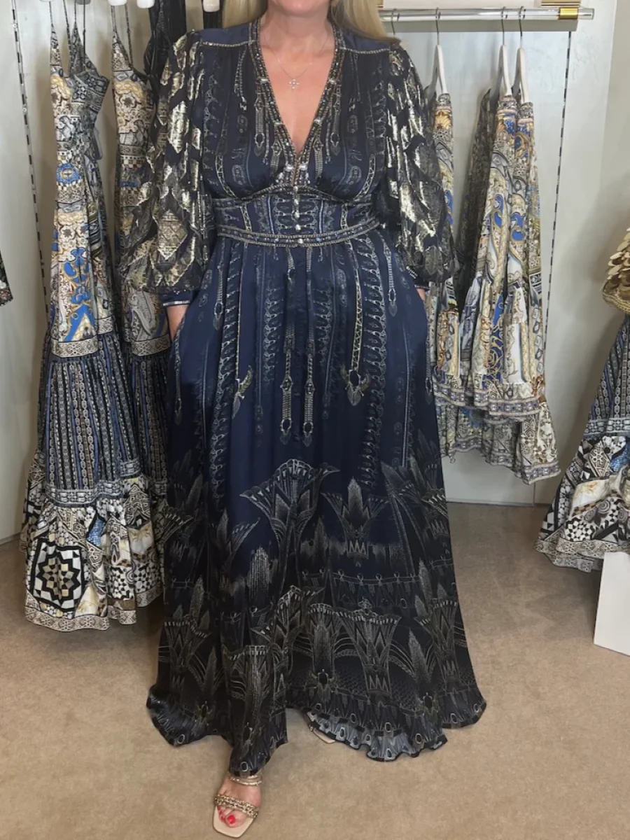 Vestido maxi de seda feminino com estampa azul escuro, cristal frisado, decote em v, manga comprida, cintura alta, vintage, robe feminino