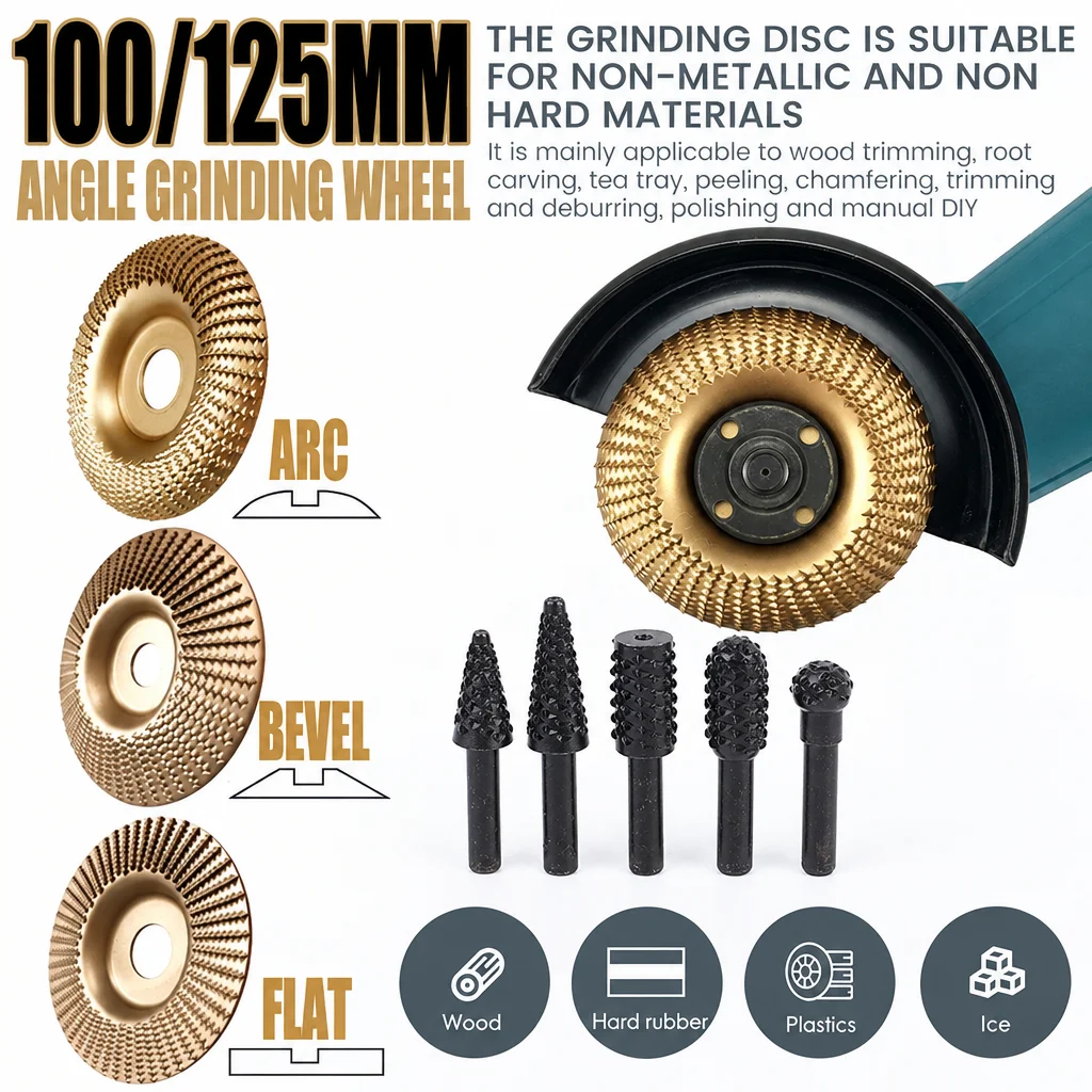Wood Grinding Wheel 100/125mm Flat Bevel Arc Disc 16/22mm Aperture Rotary Burrs Set For Woodworking Root Carving Polishing
