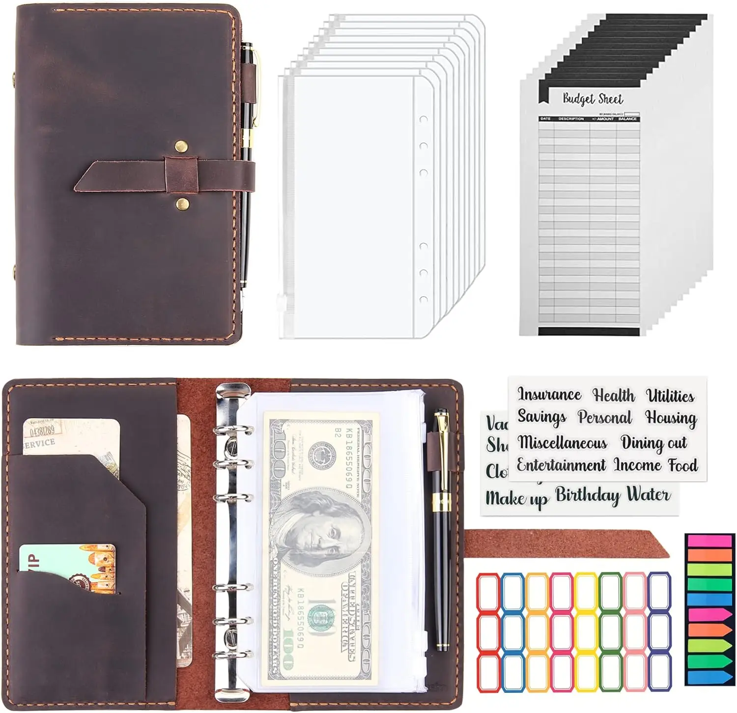 

New Leather Binder Budget with Cash Envelopes, Handmade Leather A6 Binder for Money Saving Planner,Money Organizer for Cash