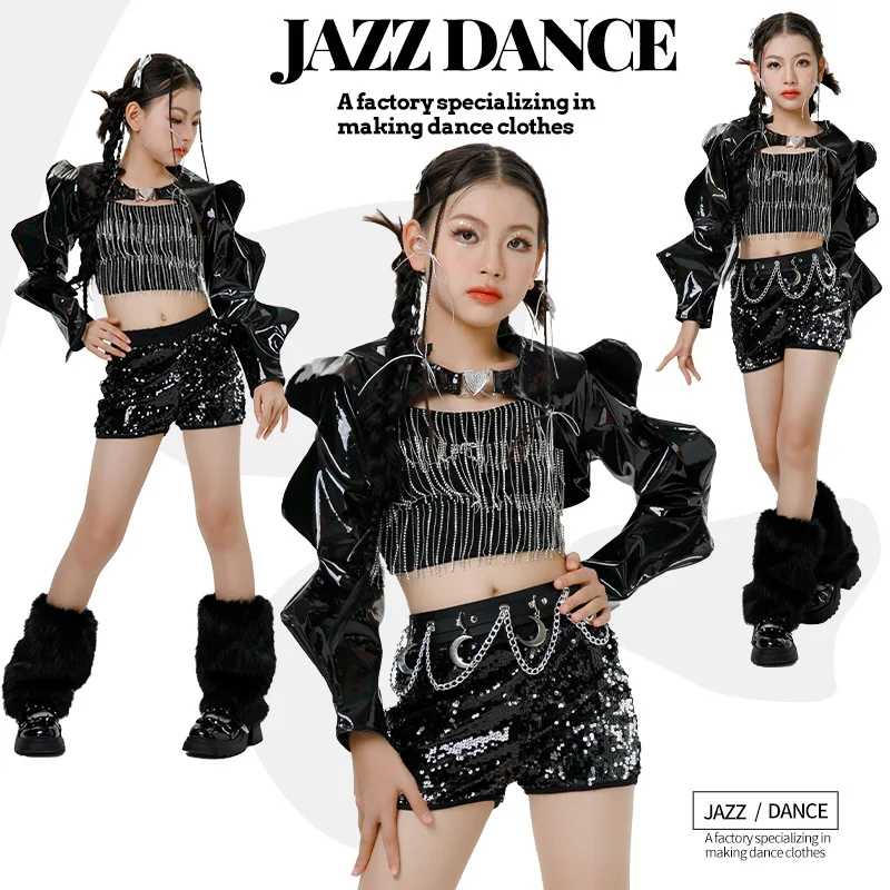 Traje de baile de Jazz con lentejuelas para niñas, pantalones cortos negros con lentejuelas, Top corto para chico, trajes de baile callejero de Hip Hop, ropa de actuación de baile k-pop