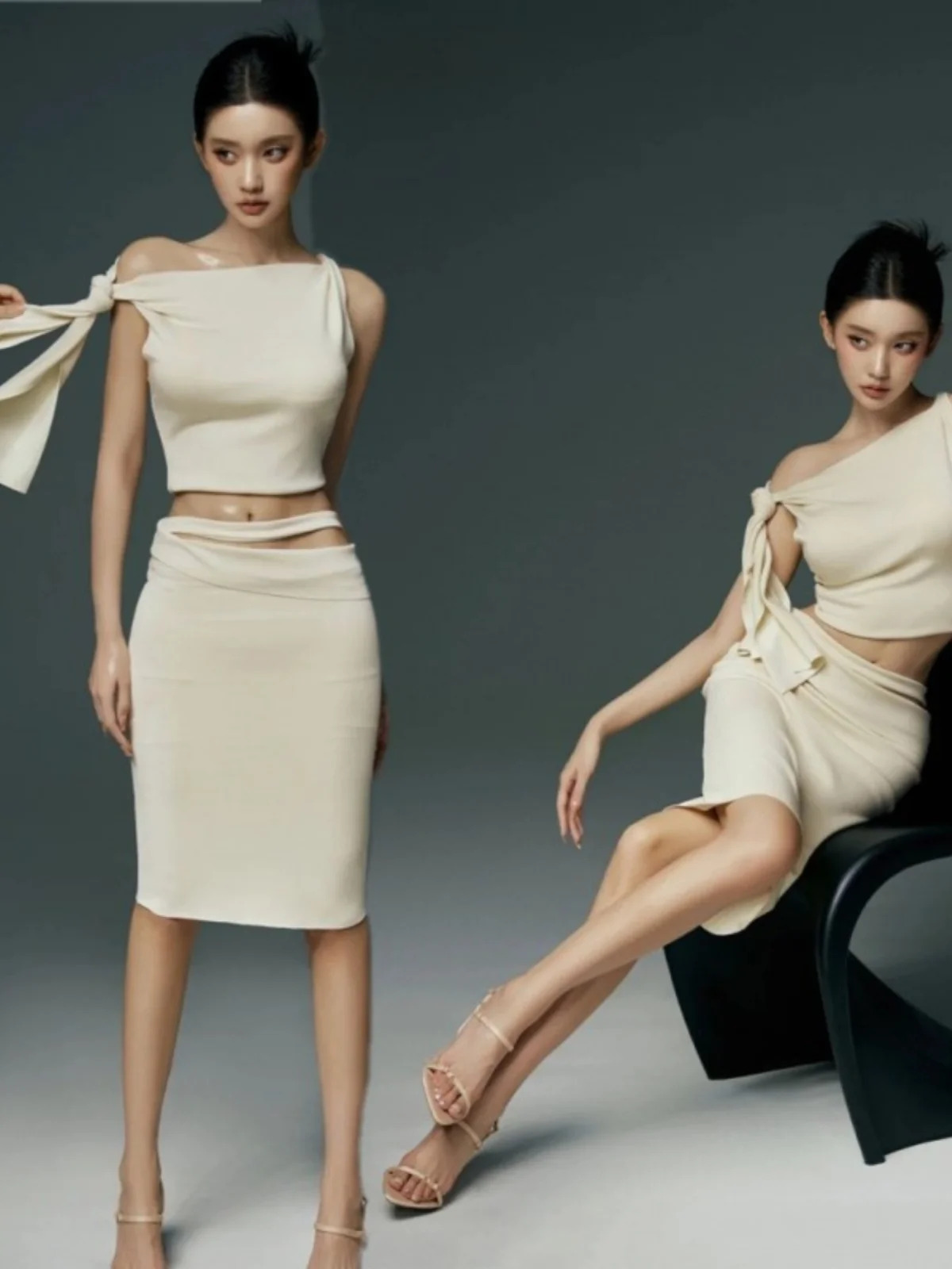 

Studio Photography New Pure Desire Cold Tone High End Slant Shoulder Skirt Artistic Personal Photo Shoot Clothing