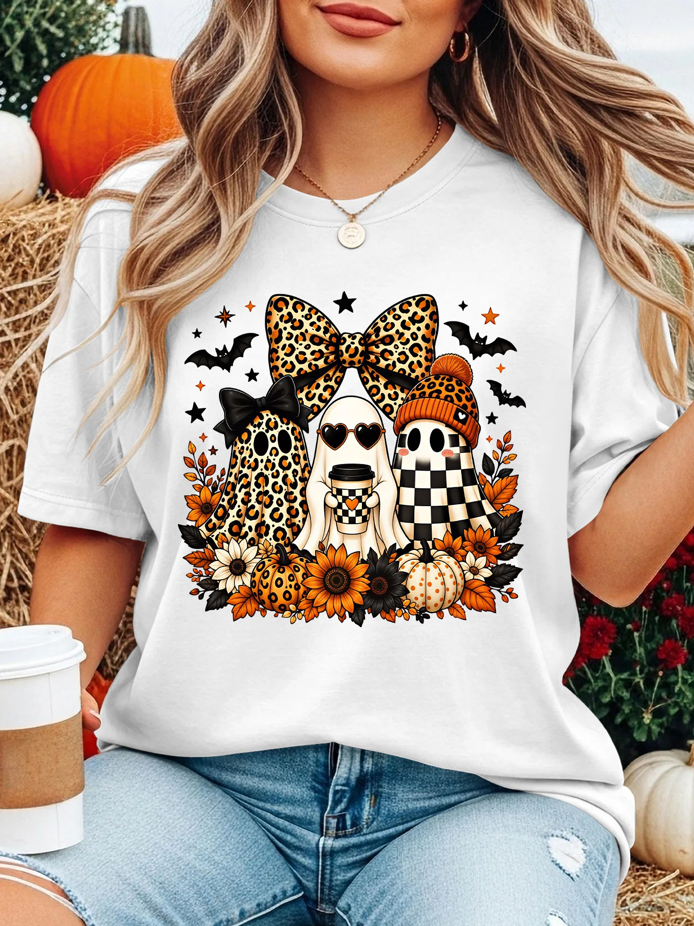 Women Crew Neck Tee Leopard Bow Ghosts Coffee Pumpkin Graphic Print Short Sleeve Loose Ladies Cotton Plus Size Casual Top