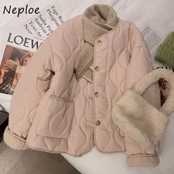 Neploe Berber Fleece Panelled Sweet All-match Parkas 2024 Winter New Warm Women Clothing Korea Elegant Chic Plaid Casual Jacket