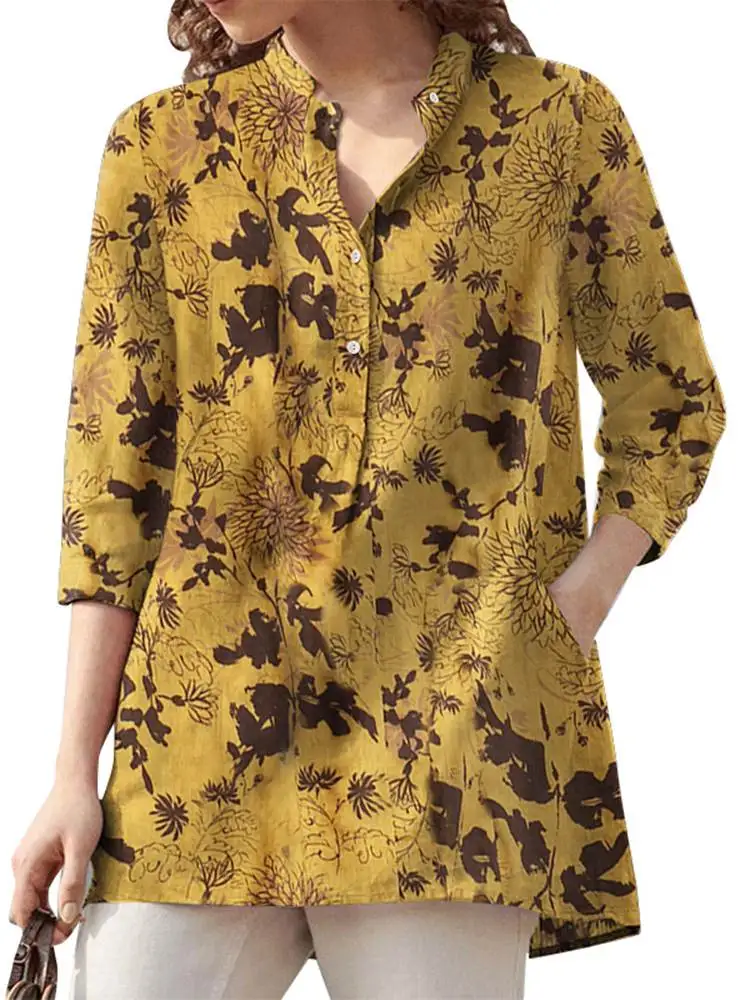 ZANZEA Autumn Floral Printed Blouse 2024 Women Bohemian 3/4 Sleeve Holiday Shirt Chemise Female Casual Work Blusas Tunic Tops