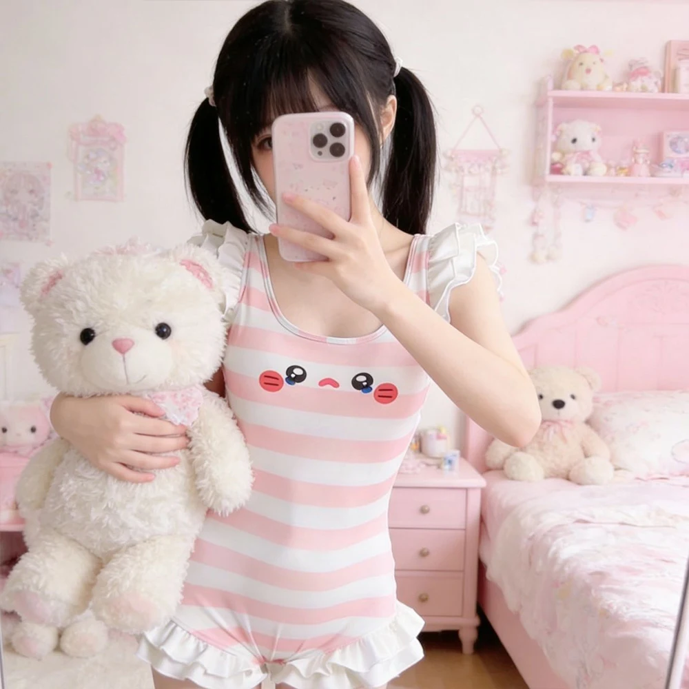 Japanischer Kawaii-Stil, gestreifter einteiliger Badeanzug für Damen, süßer Mädchen-Badeanzug, süßer gestreifter, schmaler Triangel-Badeanzug mit plissiertem Saum