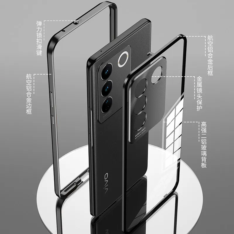 Case For Vivo V27 VivoV27 V2231 V2246 Metal Bumper with Clear Tempered Glass Back Cover Hard Case for Vivo V27 Pro V27Pro V2230