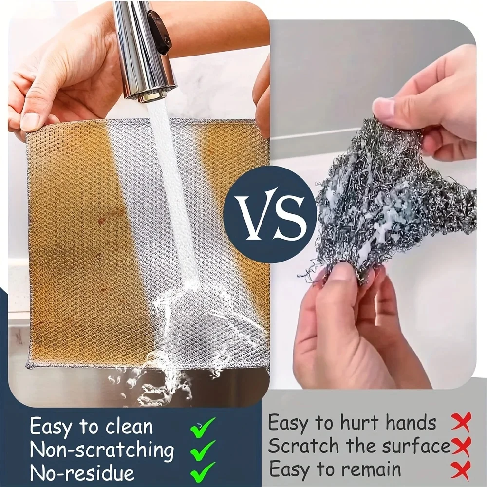 5/10/15/20 pcs Silver Steel Wire Dishwashing Cloth, Dual-Sided Mesh Cleaning Rag, Heavy-Duty Degreasing Kitchen Cloth for Pots, Dishes and Sink