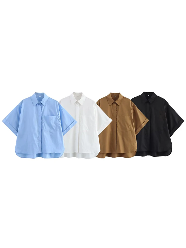 

2025 Spring New Women's Clothing Fashion Simple Casual Pocket Decoration Solid Color Lapel Short Sleeve Shirt