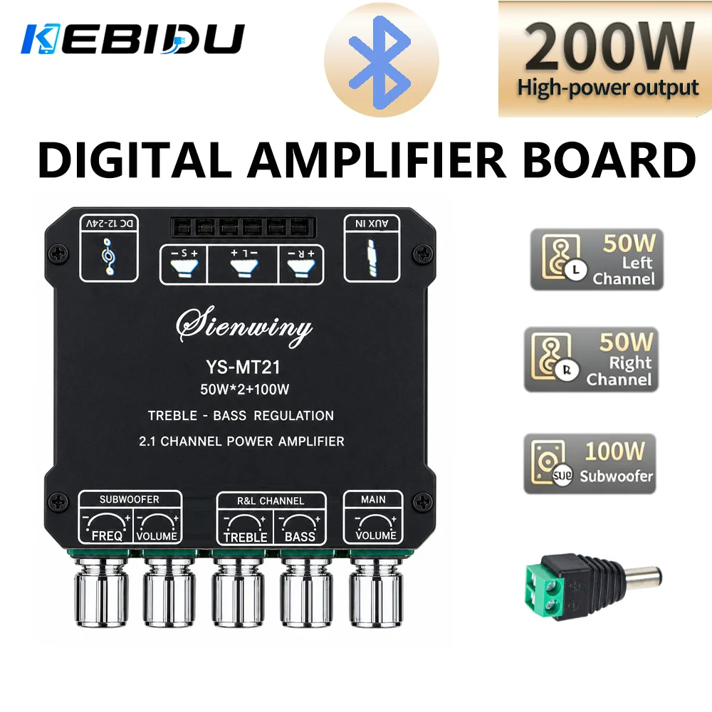 KEBIDU 2.1 Channel Digital Audio Amplifier 200W Bluetooth Audio Amplifier Board Module 12/24V Subwoofer Stereo HiFi Amp Speaker