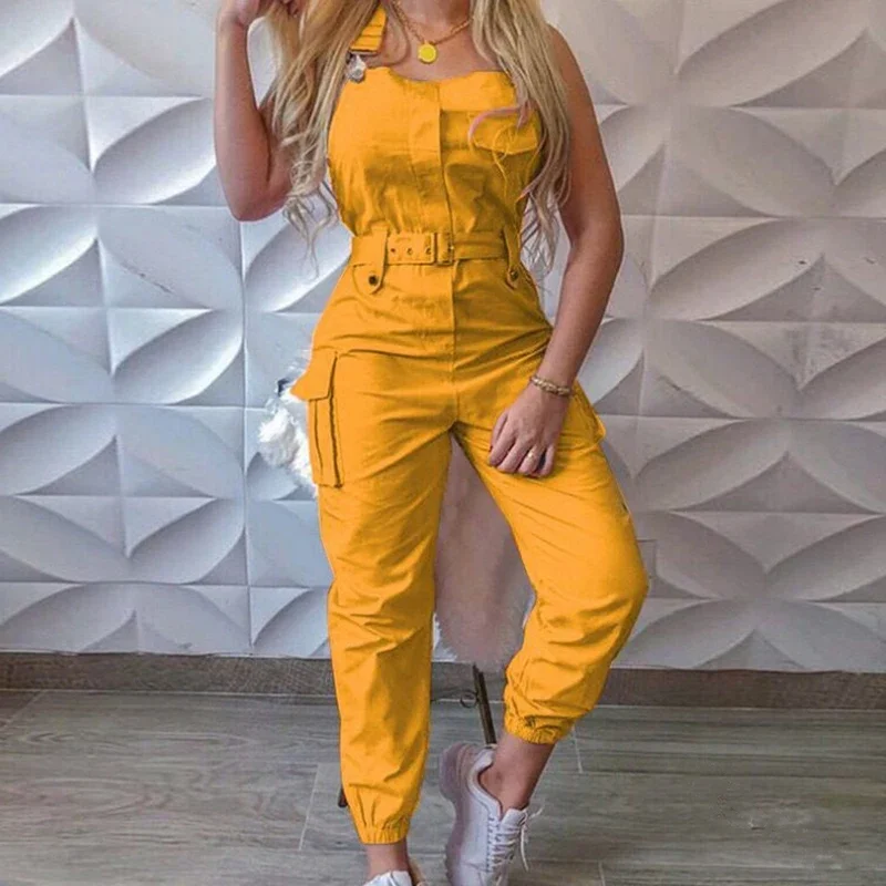 Simple Solid Color Women Jumpsuits Spring Summer Spaghetti Strap with Belt High Wasit Fashion Casual Straight Female Jumpsuits