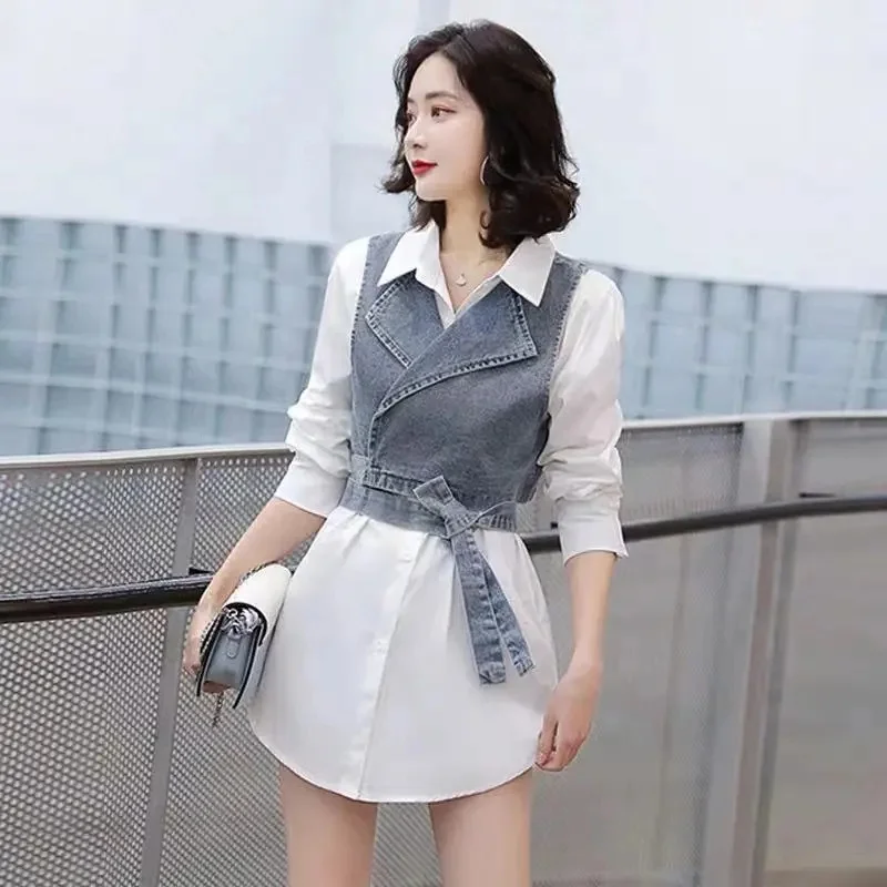 New 2PCS 2026 Spring Summer Women Blouse + Denim Vest Fashion Temperament Sets Solid Cardigan White Shirts Jeans Waistcoat Suits