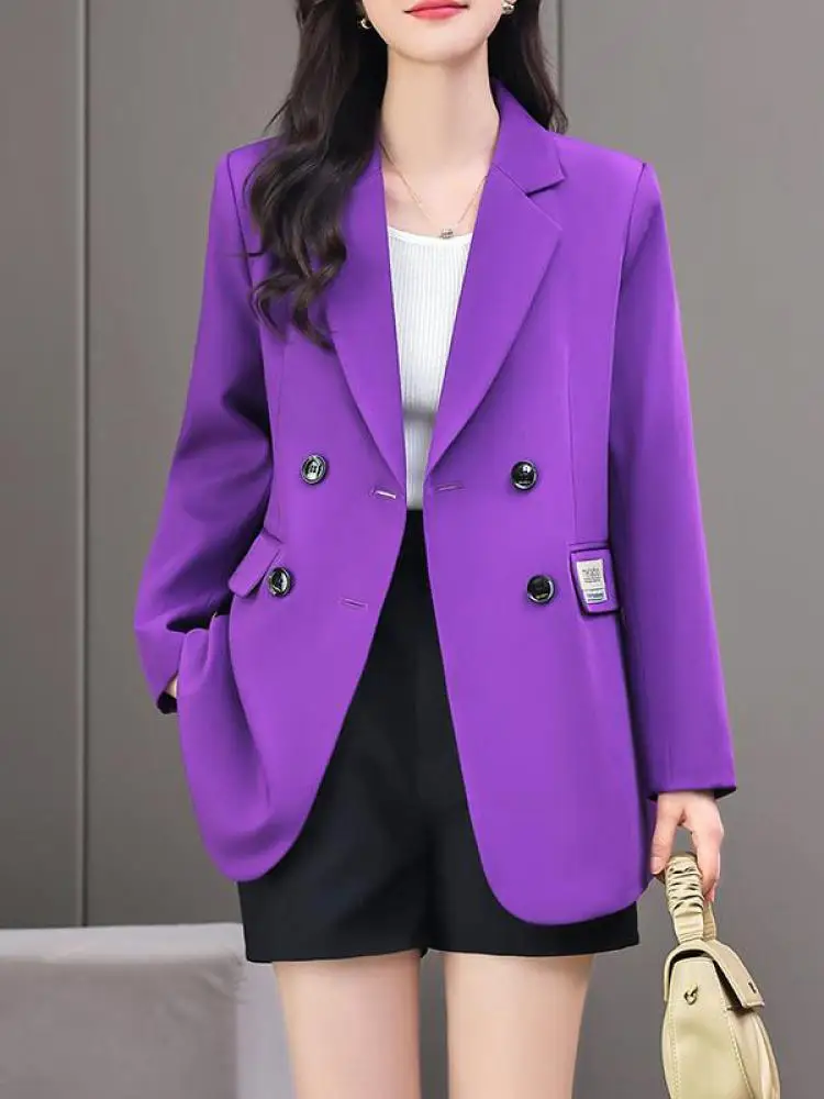 

Autumn Purple Double Breasted Blazers Coat For Women 2023 Fashion Office Ladies Long Sleeve Gold Slim Suit Jacket Vintage Korean