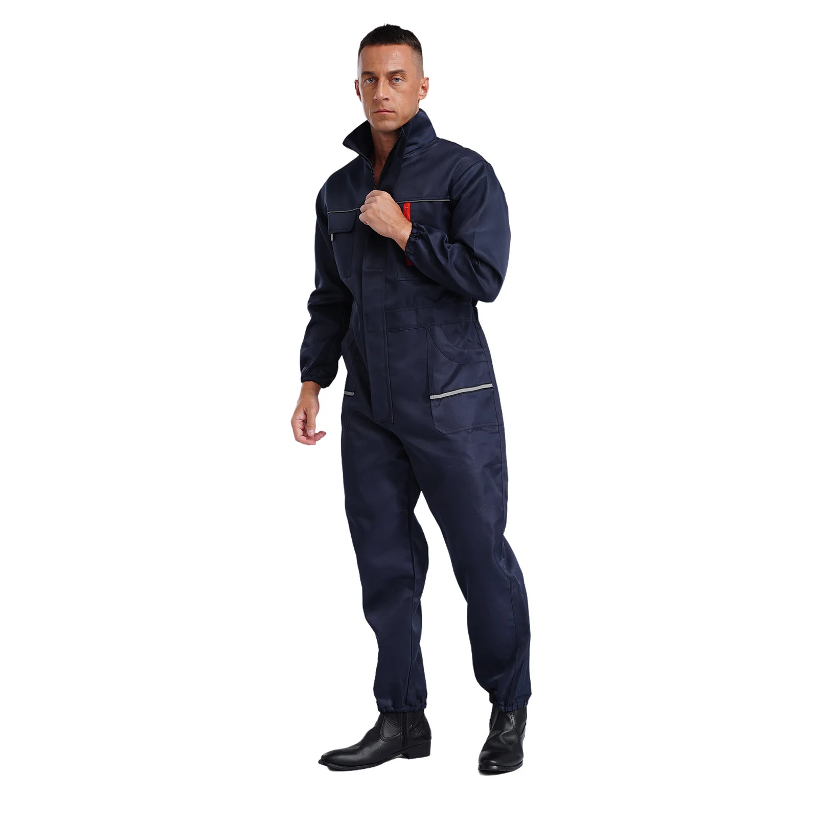 Mens Adults Resistant Coveralls Work Uniforms Stand Collar Long Sleeve Multi-pockets Reflective Stripes Overall Jumpsuit
