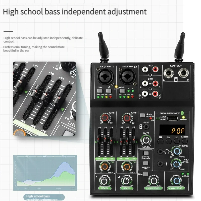 4 Channels Mixing Audio Mixer UHF microphone Console with Bluetooth USB Effect USB DJ Sound Mixing for Stage Audio DJ Karaoke PC