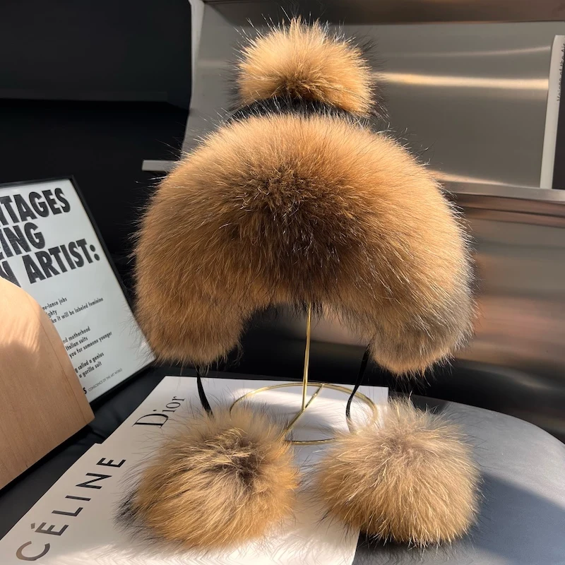 

Уличная шапка-ушанка из натурального лисьего меха, вязаная снежная лыжная шапка-бомбер, женская зимняя шапка-бомбер с помпоном из натурального лисьего меха