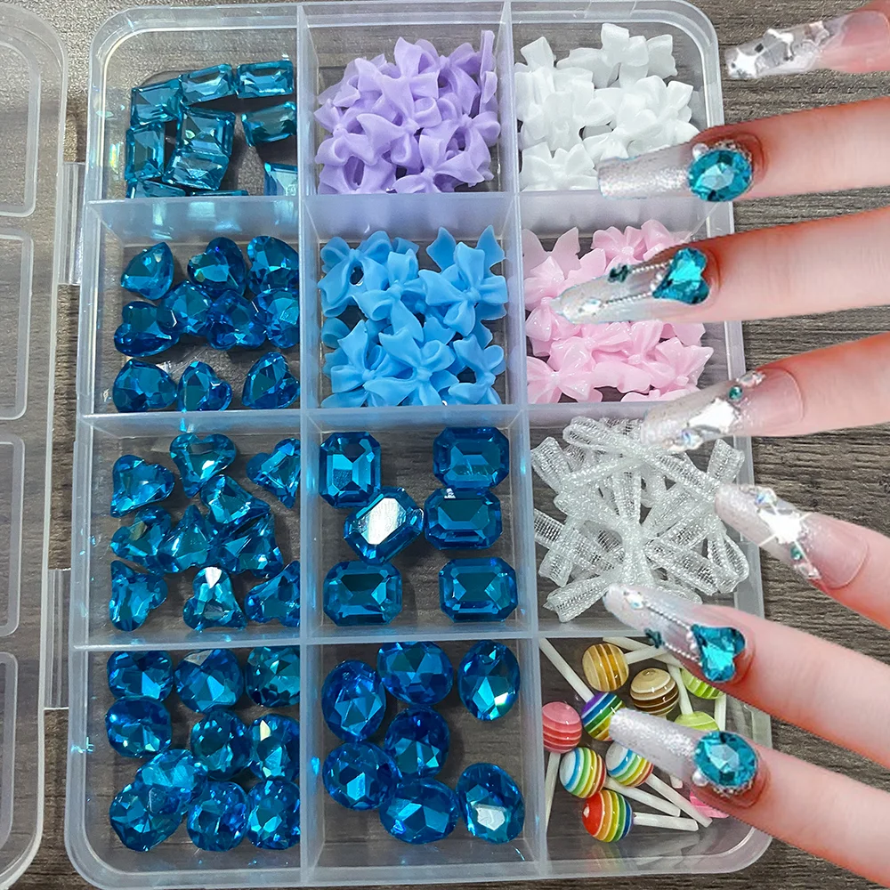 12 rejillas 3D gema azul/najarita/luleta dijes para decoración de uñas cinta de Organza mixta corazón cuadrado diamante decoraciones para uñas DIY y
