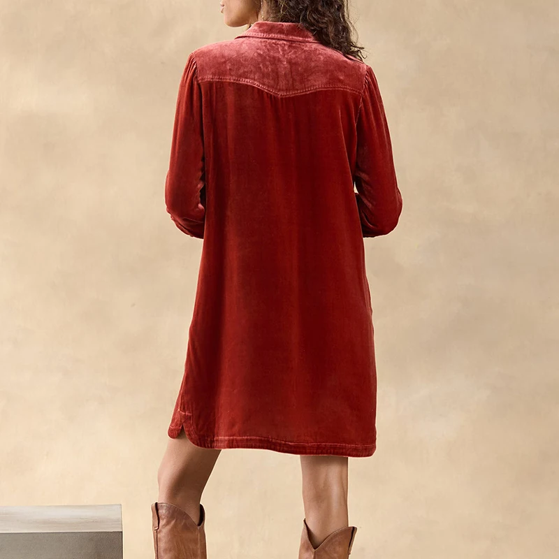 Abito corto vintage color unita deserto Abito casual monopetto a maniche lunghe a trapezio Abito camicia in velluto con colletto bavero da donna