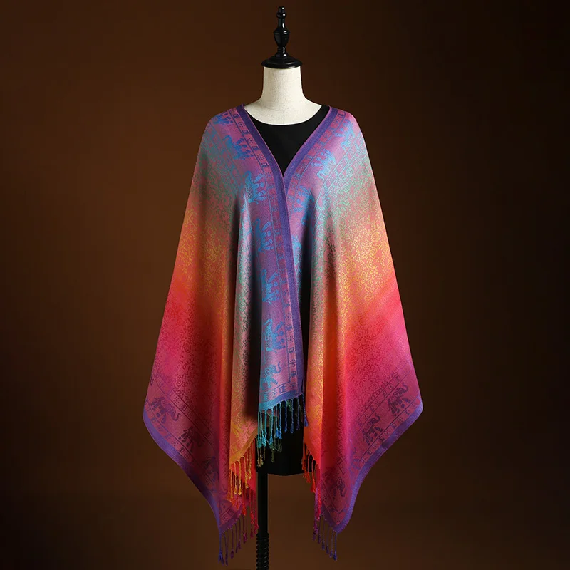 وشاح جاكار ريش الطاووس ، شال أنيق ، ألوان متدرجة وشرابات ، مثالي لغرا الماردي ، الشاطئ ، الملابس الكاجوال