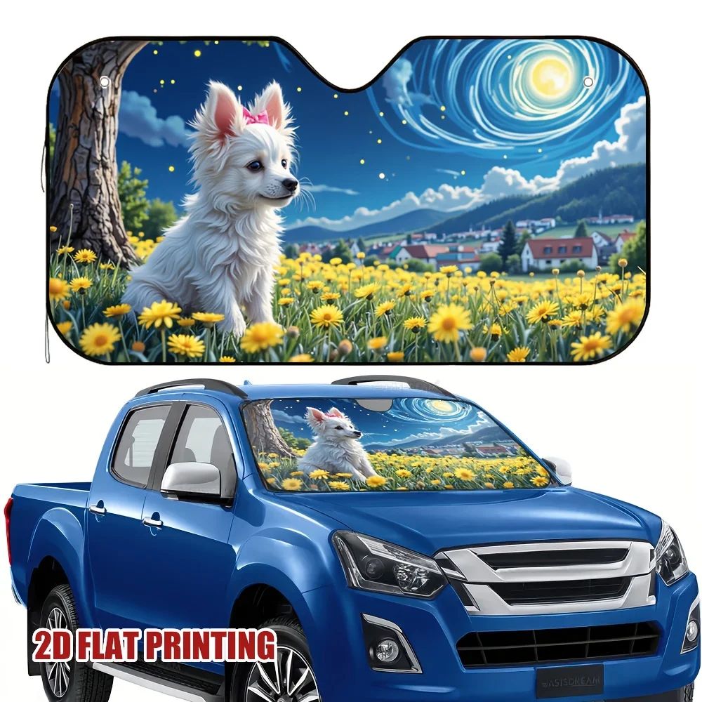 One Piece Of A 2D Flat Printed Sunshade For Featuring An Adorable Puppy Under A Starry Night, Made From 100% Polyester. Ideal Fo